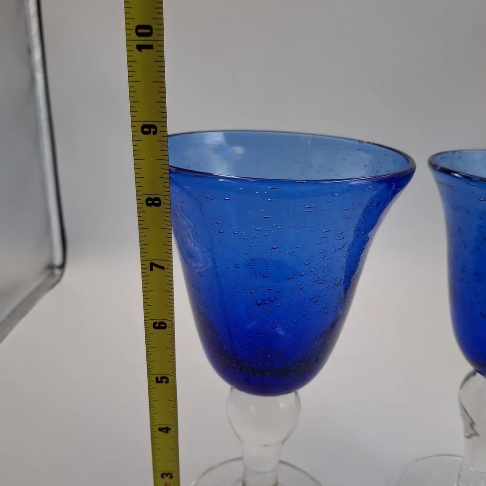 Pair Hand Blown Cobalt Blue Bubble Glass Goblets Clear Stem 8.5